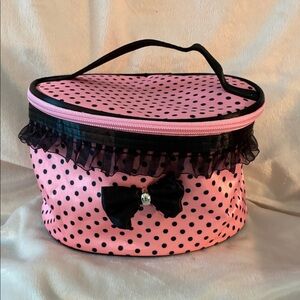 Pink Polka Dot Cosmetic Train Case with Black Bow. NWOT